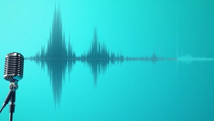 Retro microphone with teal audio waveform background