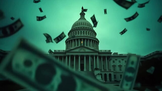 Money falling in front of a building with columns can be used for themes about politics and economy.