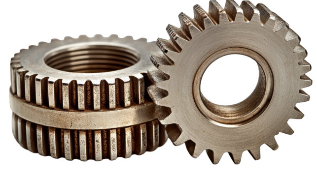 Stack of metal gears, one offset. Close-up. Detailed