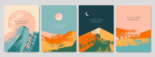 Vector illustration. Abstract geometry landscape background. Paint brush stroke drawing. Retro art style. Design elements for poster, cover, magazine, postcard, flyer, brochure. Summer season concept