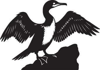 Cormorant silhouette on rock bold black design, Water bird perched on rock illustration
