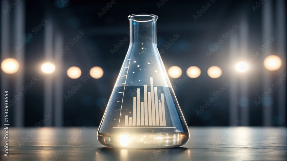 Poster bubbling liquid in glass flask with scientific graph design