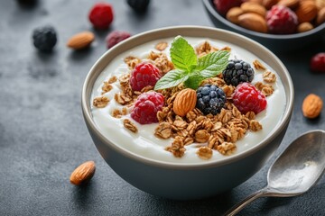 Delicious breakfast scene featuring yogurt bowl topped with berries and granola modern kitchen food photography cozy environment top-down view healthy living concept