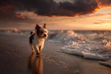 Biewer Terrier on Beach at Sunset Waves Crashing Wet Sand Reflections Dramatic Sky Quality