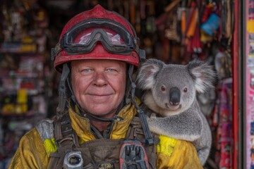 Fototapeta premium A fireman holds a koala that was rescued from a forest fire amidst a backdrop of natural disasters and drought