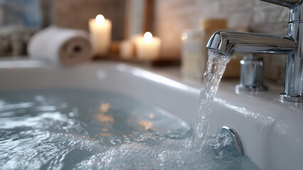 Close-up of clear water flowing from a modern faucet into a steamy bathtub. Soft lighting, gentle ripples, and minimal decor evoke relaxation and calm in a quiet, neutral-toned bathroom.