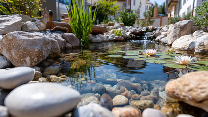 A serene pond rests in a landscaped home garden, surrounded by smooth stones, water lilies, and soft greenery. Sunlight shimmers on still water, with bamboo and stepping stones adding Zen harmony.