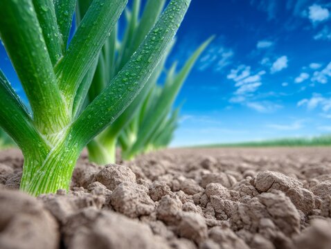 A close-up view of leeks cultivated on a farm highlights the organic and sustainable methods of agriculture