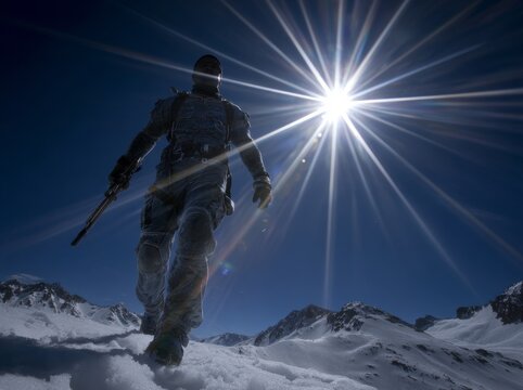 At sunrise, a mountaineer is outlined on a narrow mountain path, with Hoher Goell visible in the background, along the Grubenpfad, Untersberg, in the Berchtesgadener Alpen range, Marktschellenberg,