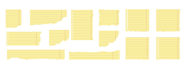 Set of lined legal pad torn notebook yellow paper sheets with rough edges and punch holes, blank and isolated on grey background. School or office note paper. Vector illustration in flat style. 