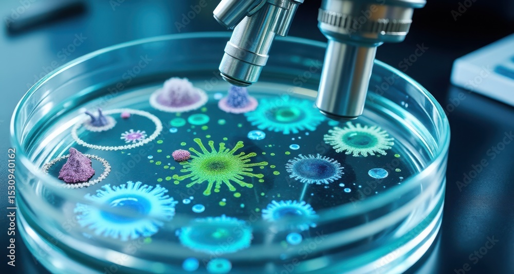 Poster Close-Up Microscopic View of Dish with Microorganisms and Structures