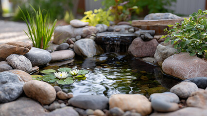 A serene pond rests in a landscaped home garden, surrounded by smooth stones, water lilies, and soft greenery. Sunlight shimmers on still water, with bamboo and stepping stones adding Zen harmony.