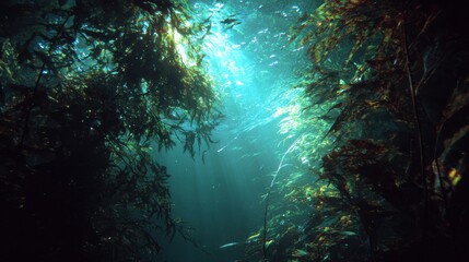 Fototapeta premium Sunlit kelp forest scenery background image