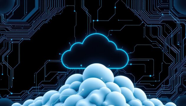 tech themed cloud puter concept with geometric patterns and lines, 3d illustration, subject positioned at bottom for photo use, ample copy space above.