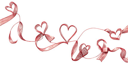 Artistic depiction of red ribbons shaped as hearts, symbolizing love and celebration, ideal for Valentine's Day themes