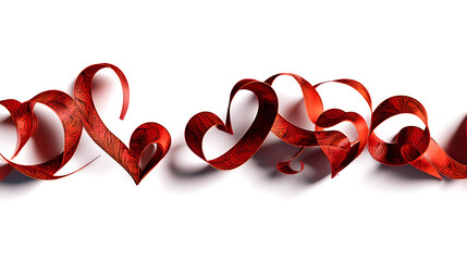 Red decorative ribbons shaped like hearts, creating a romantic theme against a white background