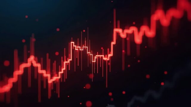Red stock market chart shows declining trend over time on a dark background representing financial loss.