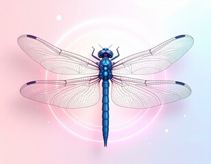 Detailed illustration of a blue dragonfly with translucent wings against a soft pink and purple background