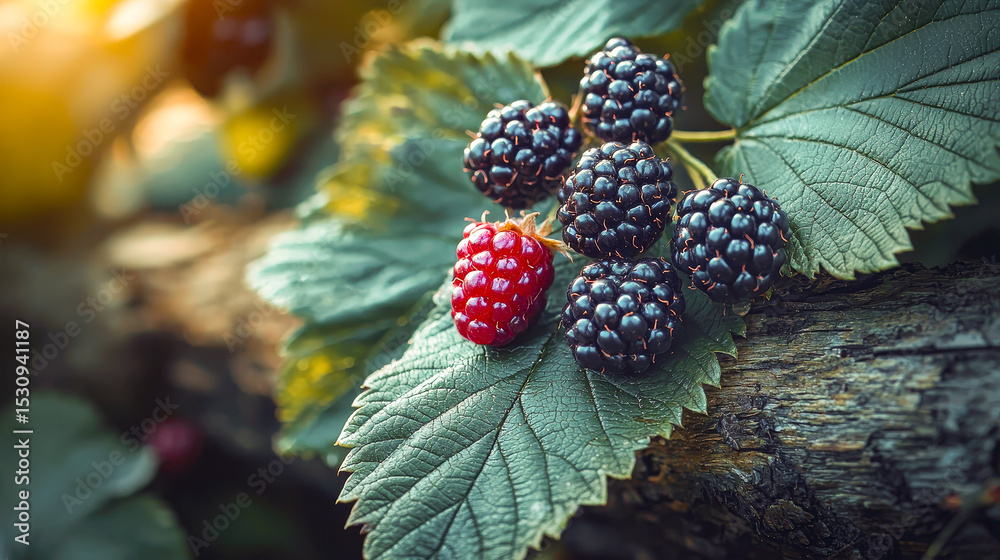 Poster a cluster of ripe blackberries and a single raspberry are surrounded by vibrant green leaves, illumi
