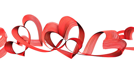 Flowing red ribbons shaped as hearts, symbolizing love and affection against a white backdrop