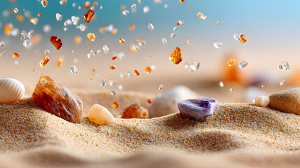 Colorful gemstones and seashells scattered on sandy beach, with sparkling water droplets creating a vibrant and serene coastal atmosphere. Selective focus