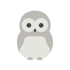 Stylized illustration of an owl, with big eyes and grey/white plumage on a solid white background