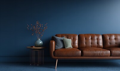 Brown leather sofa in living room with blue wall and vase of flowers home decor interior design