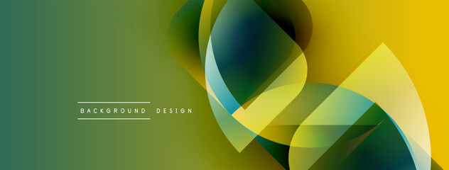 Abstract geometric shapes overlap, creating vibrant gradients. Green, yellow, teal hues dominate design. Minimal text present. Modern aesthetic.