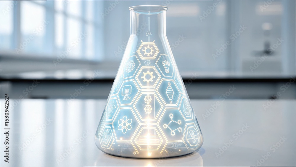 Poster Glowing Lab Flask with Blockchain Symbols and Biotech Elements