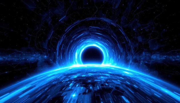create a digital illustration featuring a blue glowing wormhole in space against an interstellar warp puter generated abstract fractal background