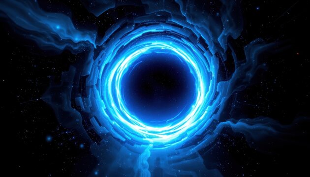 create a digital illustration featuring a blue glowing wormhole in space against an interstellar warp puter generated abstract fractal background