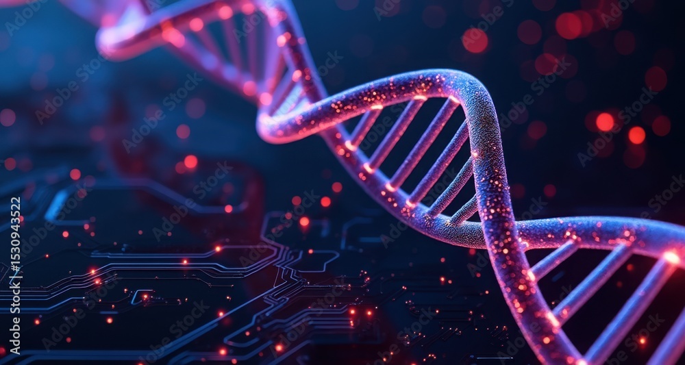 Poster DNA Helix Structure on Dark Background with Glowing Particles
