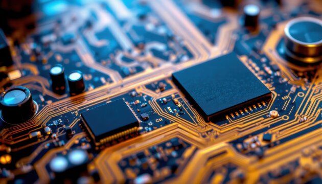 create a 3d render focusing on the details of puter circuit boards, use close up imagery to showcase the intricate ponents and patterns found in technology photos