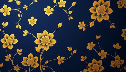 Elegant gold floral motifs on a deep indigo background, creating a traditional Japanese wallpaper design, flower, print