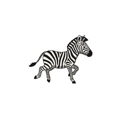 Cartoon-styled zebra running on a white background, depicted in a black-and-white striped design