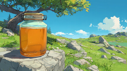 A glass jar filled with amber liquid sits on a rocky surface in a vibrant green landscape under a clear sky