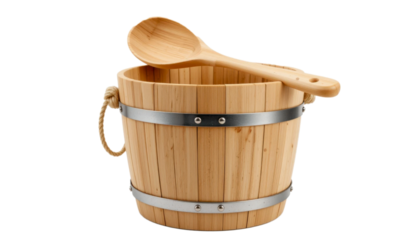 A rustic wooden bucket with metal bands and rope handles, accompanied by a matching wooden ladle.  Perfect for sauna use or rustic décor.