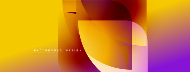 Abstract vibrant design features overlapping shapes, gradients. Yellows, oranges, purples blend creating dynamic visual effect. Modern aesthetic.
