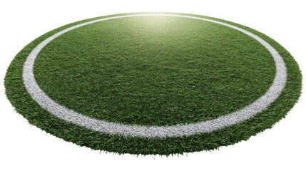Center of a soccer field illuminated by bright light, featuring lush green grass and distinct white lines marking the circle, all set against a transparent background