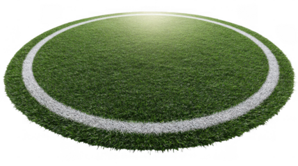 Center of a soccer field illuminated by bright light, featuring lush green grass and distinct white lines marking the circle, all set against a transparent background