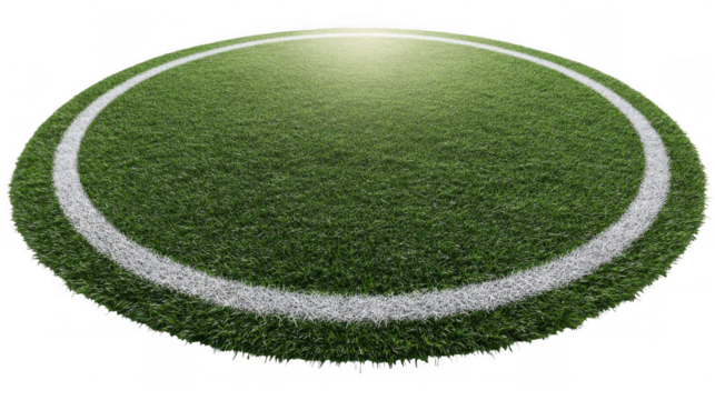 Center of a soccer field illuminated by bright light, featuring lush green grass and distinct white lines marking the circle, all set against a transparent background