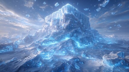 The impact of global warming on glaciers is shown in a realistic photograph, highlighting the effects of carbon emissions on glacial melting