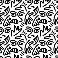 Abstract doodle face with hand. Abstract fighting expression seamless pattern