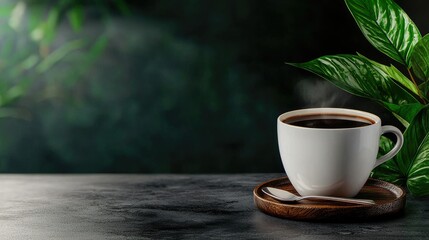 Aromatic Morning Coffee: Steam Rising from a Cup Nestled Among Lush Greenery
