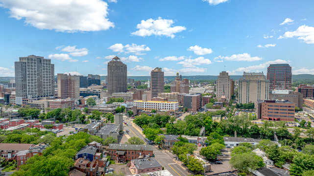 New Haven, Connecticut aerial image. High resolution image of downtown New Haven from a mile away and 200ft up. Clear blue skies and vibrant colors show this CT city at it's finest. 