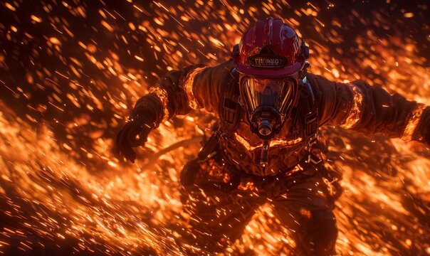 A firefighter is putting out a house fire in the darkness of night, surrounded by flames and smoke, embodying heroism and bravery in a scene perfect for design and poster concepts