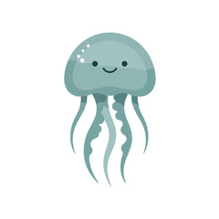 Cartoon jellyfish with cute face and curly tentacles against white background