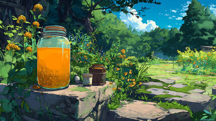 A vibrant garden scene featuring a large jar of orange liquid on a stone surface amidst blooming flowers