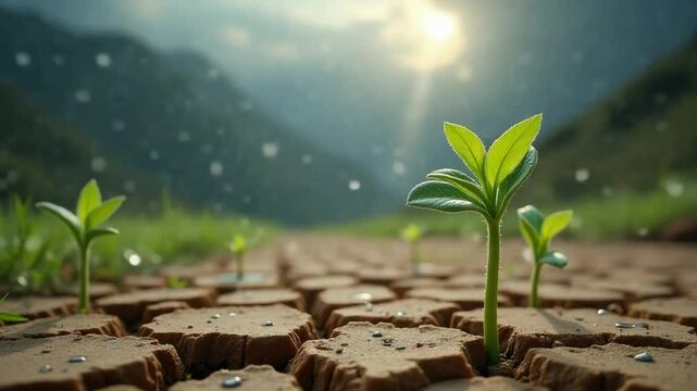 Young Plant in Rain on Dry Soil: Nature&rsquo;s Comeback Story
