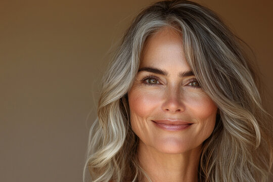 Beautiful mature blonde woman with gray highlights smiling confidently in natural portrait, authentic aging gracefully concept for silver beauty and self-acceptance advertising